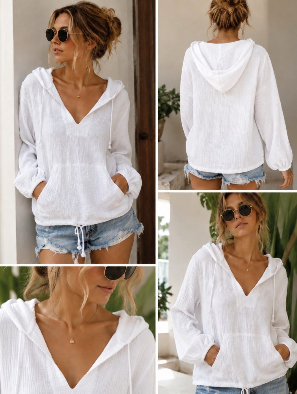 Magaschoni White Organic Cotton Gauze Hoodie Pullover